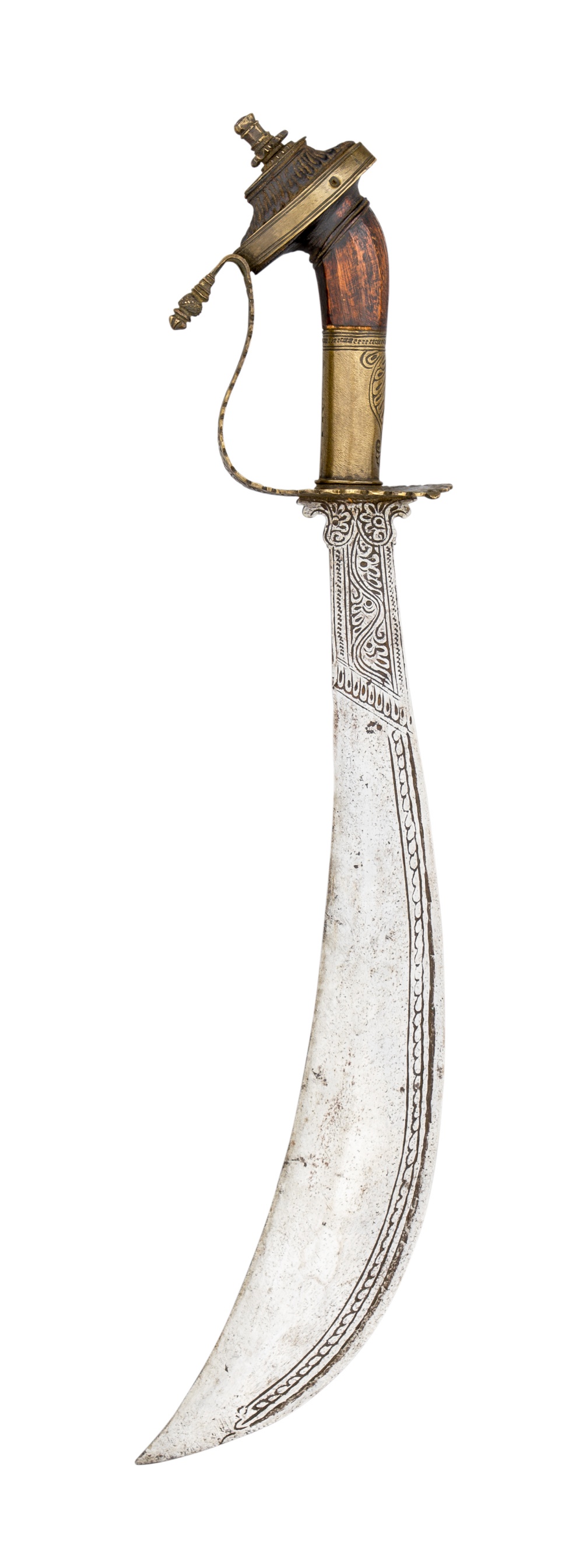 AN INDIAN MOPLAH KNIFE, 19TH CENTURY with broad hatchet blade engraved along the back-edge and at