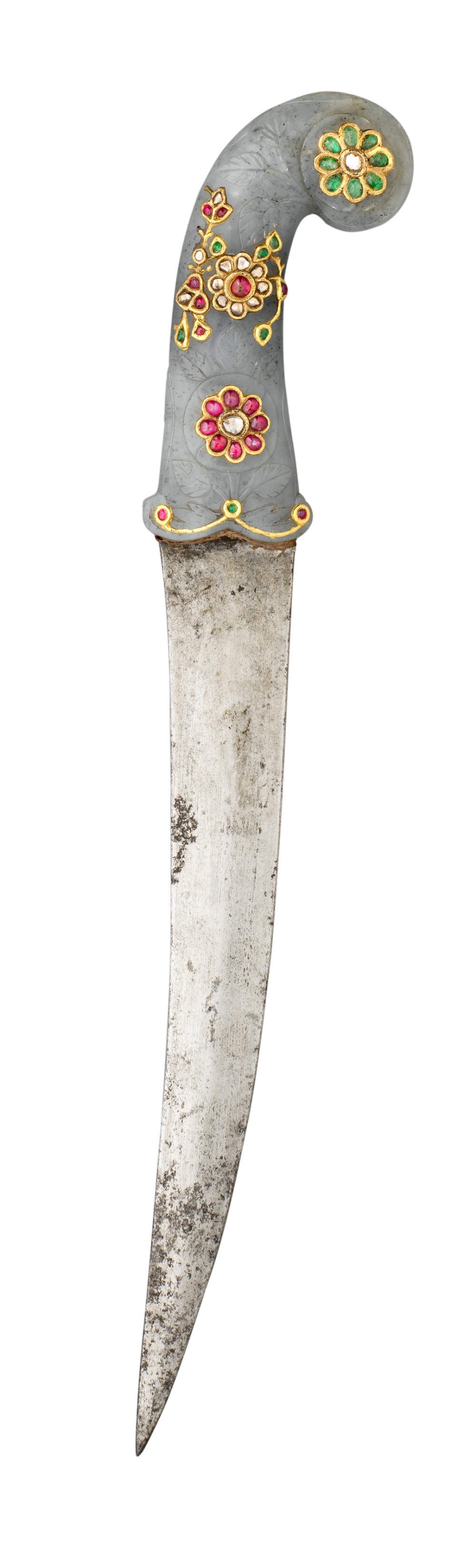 ‡ A FINE INDIAN GEM-SET JADE-HILTED DAGGER (KHANJAR), LATE 18TH/19TH CENTURY with slightly curved