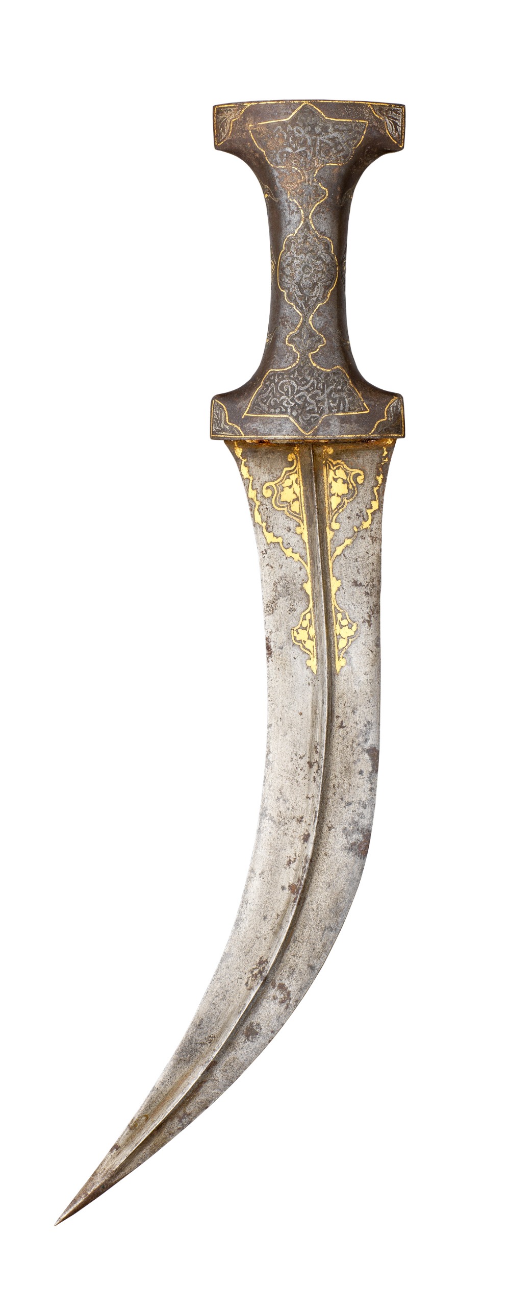 A PERSIAN DAGGER (KHANJAR), QAJAR, 19TH CENTURY with double-edged blade of watered steel, formed