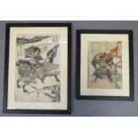 TWO JAPANESE UKIYOE PRINTS one showing a fully armoured samurai in an aggressive pose, brandishing a