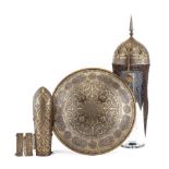 ‡ A PERSIAN DECORATED ARMOUR, QAJAR, MID-19TH CENTURY comprising helmet (kulah-khud), shield (