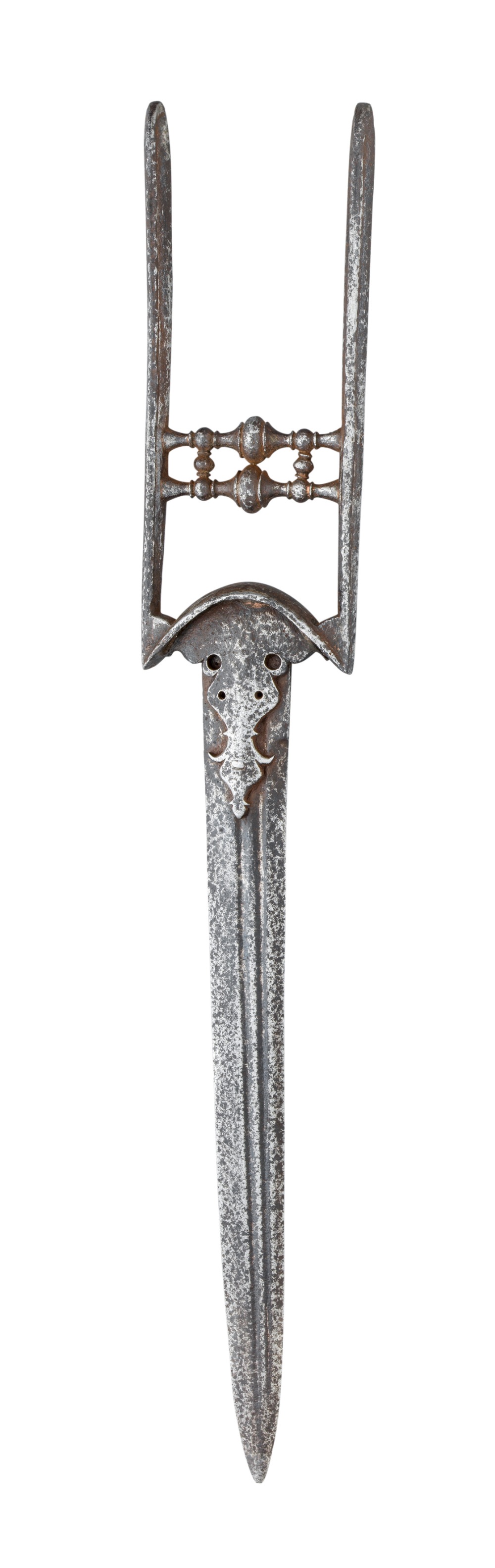 A SOUTH INDIAN DAGGER (KATAR), 18TH CENTURY with European fullered blade, iron hilt extending to a