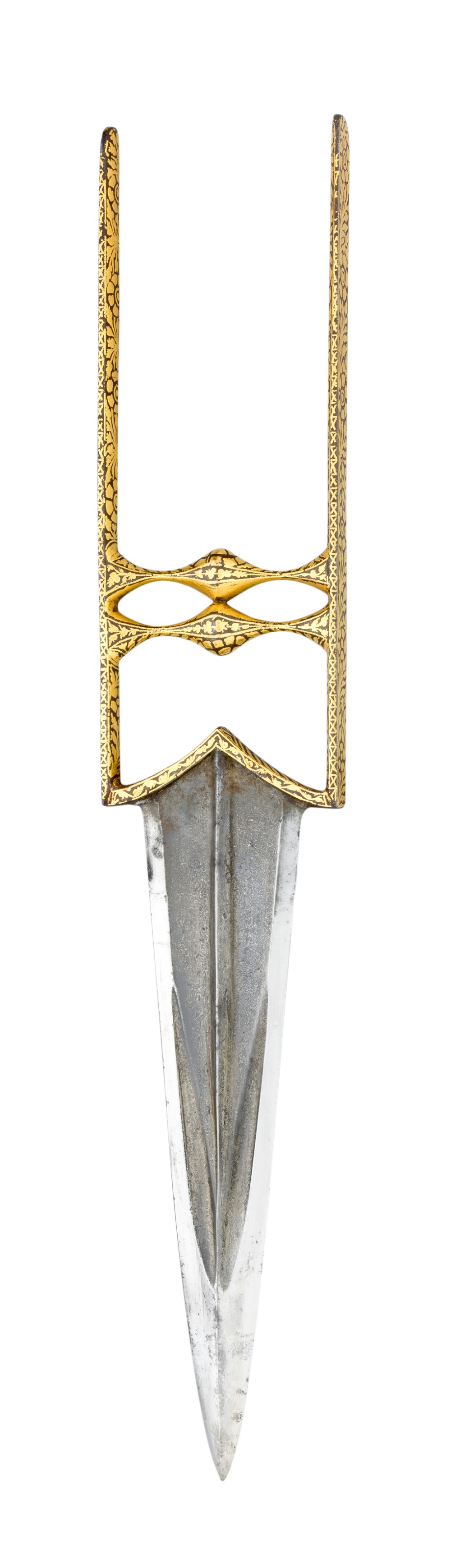 AN INDIAN DAGGER (KATAR), 19TH CENTURY with tapering blade formed with a reinforced tip and a medial