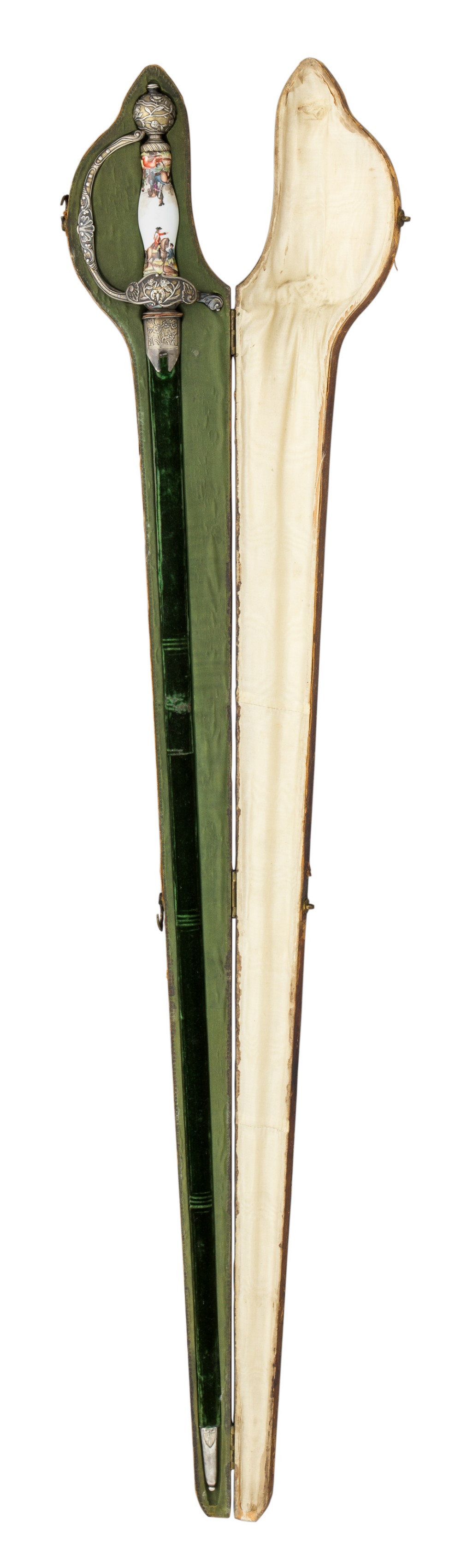 A FINE CASED GERMAN SMALL-SWORD WITH SILVER-GILT HILT AND PAINTED PORCELAIN GRIP, THIRD QUARTER OF