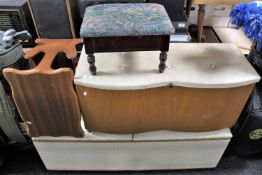 Two late 20th century blanket boxes together with a tapestry upholstered storage footstool and a