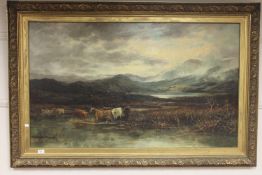 Nineteenth century school : Highland Cattle watering in marshland with mountains beyond,