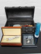 A box containing jewellery casket and a collection of gents cufflinks, costume brooch of a lizard,
