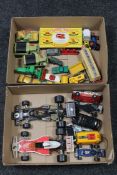 Two boxes containing mid 20th century and later Corgi and Matchbox die cast vehicles