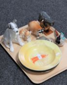 A tray containing five Russian Lomonosov animal figures together with a Royal Doulton bowl and
