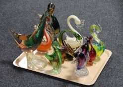 A tray containing ten coloured glass bird ornaments