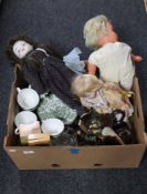 A box containing mid 20th century dolls, copper lustre china, glass ware, trinket boxes,