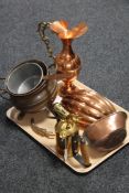 A vintage brass blowtorch together with assorted antique copper ware including measure, cauldron,