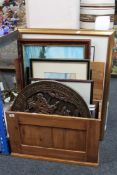 A pine box of assorted framed pictures and prints including a Heath Robinson print,