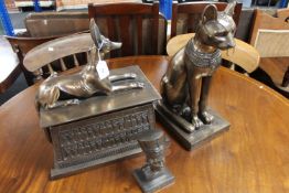 An Egyptian style table casket together with a similar figure of a cat and a bust