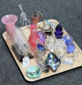 A tray of assorted glass ware including paperweights, animals, perfume bottle,