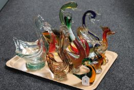 A tray of ten coloured glass bird ornaments