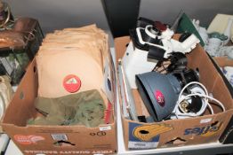 Two boxes containing vintage satchel, 78's, ME Opta Opemus 5,