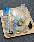 A tray of assorted glass paperweights, Caithness vase,