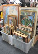 Two boxes containing a large quantity of assorted framed tapestries