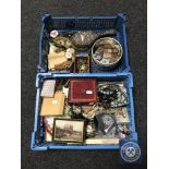 Two crates containing assorted costume jewellery, Victorian memorial brooch, chain stamped 9ct,