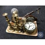 A tray of brass candlesticks, Smiths clock, anniversary clock,