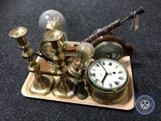 A tray of brass candlesticks, Smiths clock, anniversary clock,