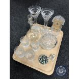 A tray of glass mantel clock, crystal candle holders, decanters, paperweights,