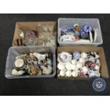 Four boxes of miscellaneous china and glass ware including mugs, figures,
