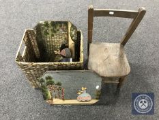An antique child's chair, wicker basket of oriental lacquered box,