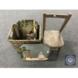 An antique child's chair, wicker basket of oriental lacquered box,