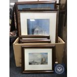 A box of eleven framed prints,