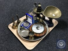 A tray of kitchen scales with weights, Newcastle Brown Ale tray, circular barometer,