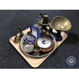 A tray of kitchen scales with weights, Newcastle Brown Ale tray, circular barometer,
