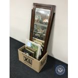 A mahogany wardrobe mirror door together with an oak framed mirror and a small quantity of pictures