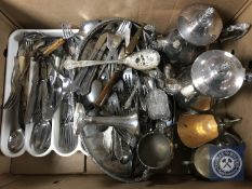 A box of four piece plated tea service on tray and a quantity of flat ware