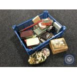 A basket of twentieth century desk calendar, wooden box of keys, cased dominoes, compact,