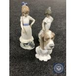 Three Nao figures of two girls and a basset hound