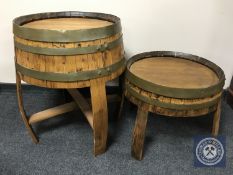 Two oak coopered barrel occasional tables