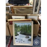 A box of continental school oils and prints