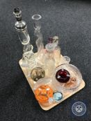 A tray of glass ware to include decanters, fruit bowl,