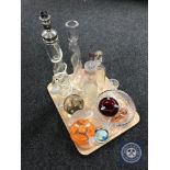 A tray of glass ware to include decanters, fruit bowl,