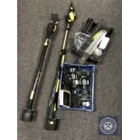 Two G-Tech 18 volt garden multi tools and two baskets of accessories