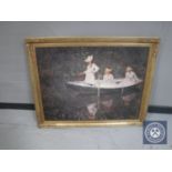 An Artagraph edition - three figures in a boat, in gilt frame .