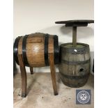 An oak coopered barrel in the form of an occasional table and An oak coopered barrel on stand