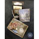 A box of glass ware, box of five pictures, signed David Shepherd print,