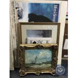 A decorative gilt framed print depicting boats off a shoreline, framed Grimshaw print,