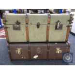 Two vintage wooden bound shipping trunks containing bedding and blankets