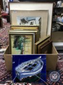 A collection of framed pictures and prints including John J Kerr watercolour,