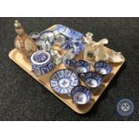 A tray of part Davenport tea service, blue and white wares, commemorative china etc.