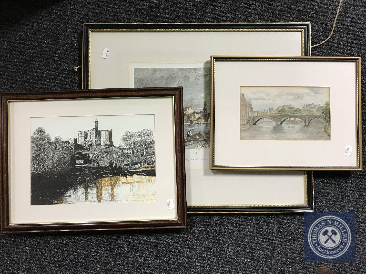 Eight assorted pictures and prints including an etching of Newcastle, watercolour initialled W.M.